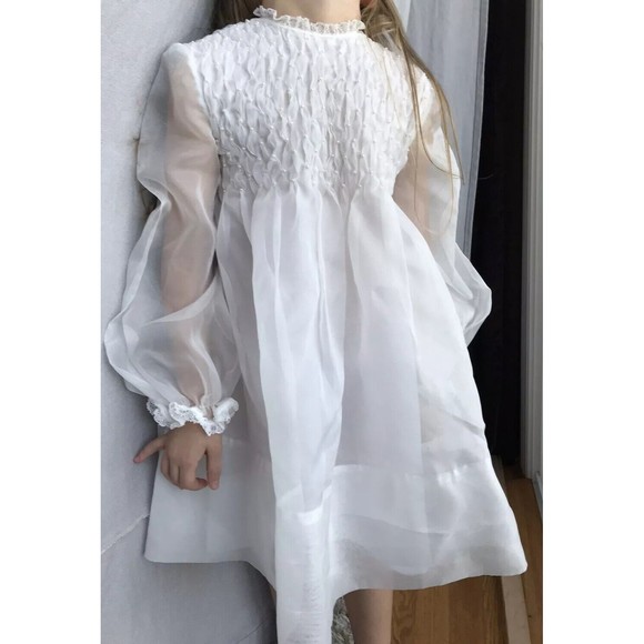 Girls Handmade Organza Wedding Pageant Party White Dress Pearls4 5 Long Sleeve